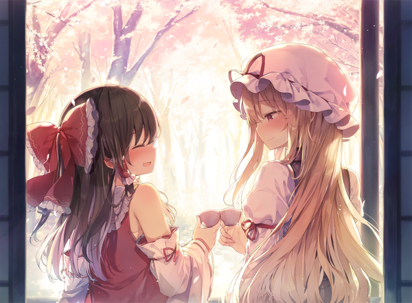 Anime picture 897x660 with touhou hakurei reimu yakumo yukari shnva long hair blush fringe open mouth blonde hair smile hair between eyes red eyes brown hair multiple girls holding payot looking away upper body eyes closed profile