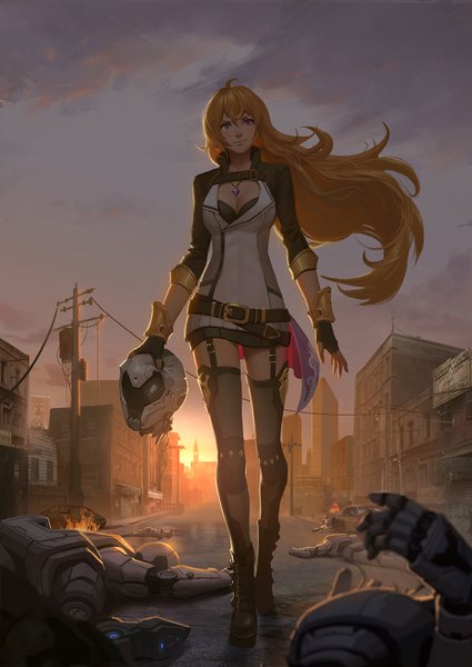 Anime picture 1000x1410 with rwby rooster teeth yang xiao long puz lee single tall image blush fringe breasts blonde hair purple eyes holding looking away sky cleavage cloud (clouds) ahoge outdoors light smile evening