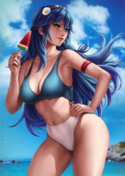 Anime picture 850x1202 with fire emblem fire emblem awakening lucina (fire emblem) dandon fuga single long hair tall image blush fringe breasts blue eyes light erotic hair between eyes standing holding signed blue hair looking away sky cleavage