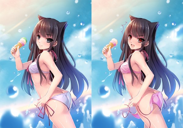 Anime picture 1600x1120 with original musynexsk long hair blush open mouth blue eyes light erotic black hair smile red eyes multiple girls animal ears cloud (clouds) cat ears girl 2 girls swimsuit bikini food sweets