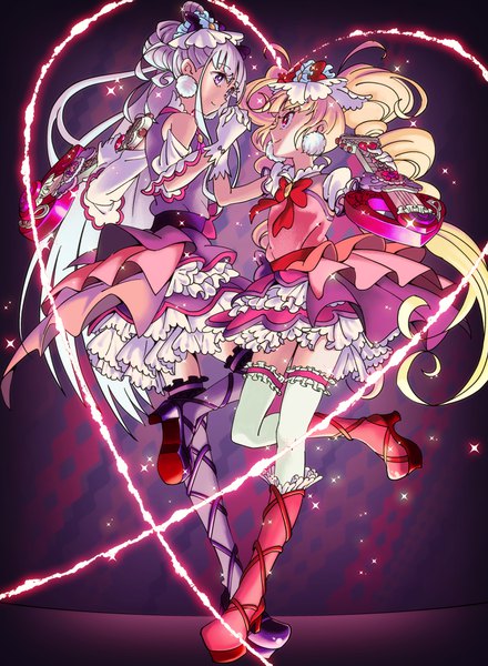 Anime picture 3000x4093 with precure hugtto! precure toei animation ruru amour aisaki emiru cure amour cure macherie ksheera long hair tall image highres blonde hair purple eyes multiple girls purple hair full body profile pink eyes holding hands shaded face