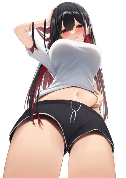 Anime picture 2508x3541 with original amane sora single long hair tall image looking at viewer blush fringe highres breasts light erotic black hair simple background hair between eyes red eyes large breasts standing white background red hair head tilt