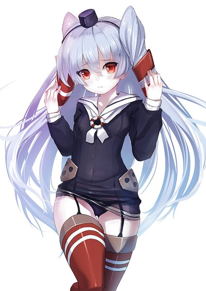 Anime picture 636x900 with kantai collection amatsukaze destroyer raijuu (bakanara) single tall image looking at viewer blush fringe light erotic simple background red eyes white background silver hair very long hair two side up covered navel white skin girl thighhighs underwear