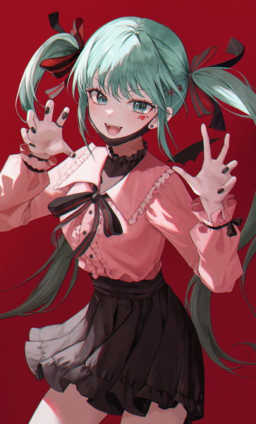 Anime picture 1000x1655 with vocaloid vampire (vocaloid) hatsune miku 723/nanahumi single long hair tall image open mouth simple background twintails nail polish :d pleated skirt aqua eyes aqua hair red background black nail polish claw pose mask pull girl