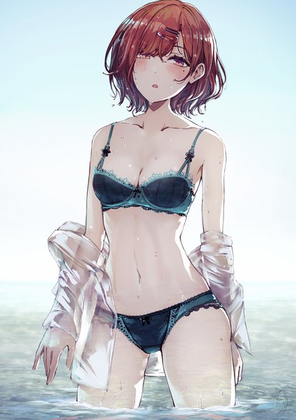 Anime picture 990x1400 with idolmaster idolmaster shiny colors higuchi madoka minyom single tall image looking at viewer blush fringe short hair breasts open mouth light erotic simple background hair between eyes brown hair standing purple eyes brown eyes ass