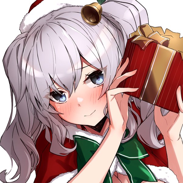 Anime picture 1200x1200 with kantai collection kashima training cruiser takanashi kei (hitsujikan) single long hair looking at viewer blush fringe blue eyes simple background smile hair between eyes white background holding silver hair upper body two side up christmas hair bell girl