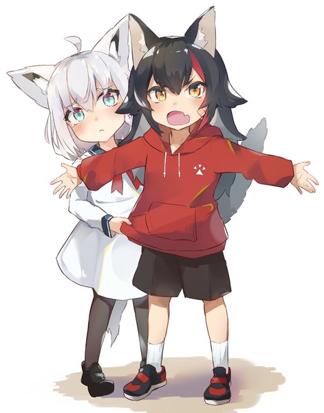 Anime picture 1771x2255 with virtual youtuber hololive shirakami fubuki ookami mio kyoubu long hair tall image looking at viewer blush fringe highres open mouth black hair simple background hair between eyes standing white background multiple girls animal ears yellow eyes