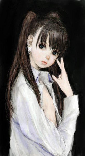 Anime picture 548x1000 with original pon00000 (pixiv) single long hair tall image fringe breasts blue eyes light erotic brown hair twintails open clothes open shirt black background flat chest girl earrings shirt