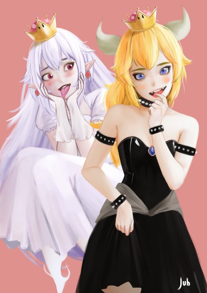 Anime picture 2480x3508 with super mario bros. new super mario bros. u deluxe bowsette princess king boo jubi (regiana) long hair tall image looking at viewer blush highres open mouth blue eyes light erotic simple background blonde hair red eyes multiple girls signed looking away white hair
