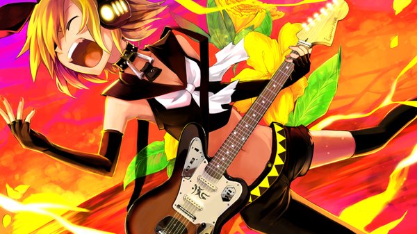 Anime picture 1600x900 with vocaloid kagamine rin kaida (artist) open mouth blonde hair wide image teeth midriff fang (fangs) evening sunset singing screaming girl gloves navel ribbon (ribbons) hair ribbon elbow gloves headphones