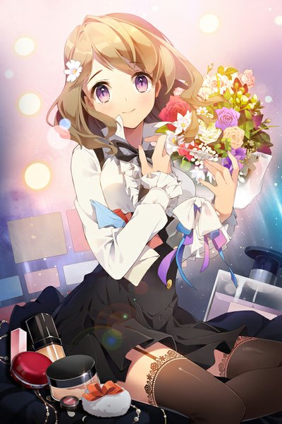 Anime picture 550x825 with gilse single long hair tall image looking at viewer blonde hair sitting bent knee (knees) pink eyes hair flower girl thighhighs dress hair ornament flower (flowers) black thighhighs rose (roses) bouquet chamomile perfume