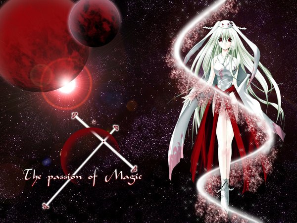 Anime picture 1024x768 with tagme (character) tagme (artist) single long hair light erotic red eyes full body japanese clothes green hair inscription wallpaper sleeveless third-party edit space girl socks bracelet star (stars) white socks cap