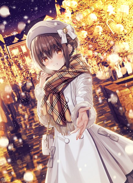 Anime picture 871x1200 with original tanihara natsuki single tall image blush fringe short hair smile hair between eyes brown hair brown eyes outdoors grin snowing christmas outstretched hand girl scarf bag beret