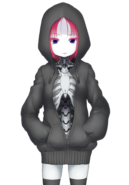 Anime picture 2800x4000 with original user rgcc3848 single tall image looking at viewer fringe highres short hair blue eyes simple background standing white background pink hair monochrome hands in pockets white skin unzipped spot color girl thighhighs