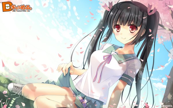 Anime picture 1920x1200 with d chara mail futako (artist) long hair blush highres light erotic black hair smile red eyes wide image twintails cherry blossoms skirt lift girl skirt flower (flowers) plant (plants) miniskirt petals tree (trees)