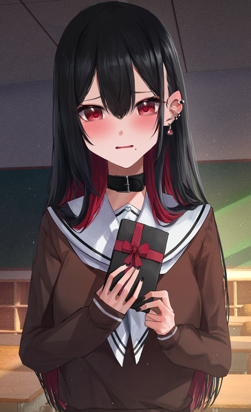 Anime picture 2156x3541 with original amane sora single long hair tall image looking at viewer blush highres open mouth black hair red eyes holding upper body indoors long sleeves nail polish multicolored hair fingernails mole two-tone hair