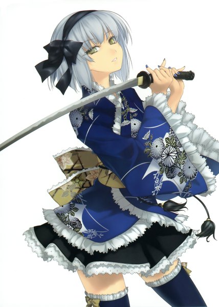 Anime picture 2160x3029 with touhou japanese sword girls (artbook) konpaku youmu rokuwata tomoe single tall image highres short hair simple background white background yellow eyes purple hair nail polish chinese clothes girl thighhighs skirt ribbon (ribbons) weapon hair ribbon