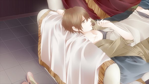 Anime picture 1500x843 with nico nico singer amatsuki (nico nico singer) shounent tararararam single looking at viewer short hair brown hair wide image brown eyes lying profile boy shoes couch
