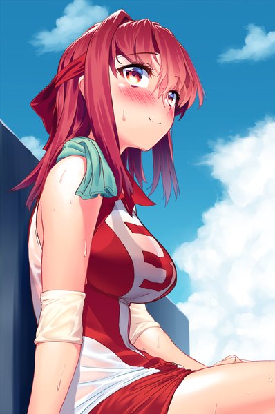 Anime picture 1326x2000 with girls und panzer kondou taeko blew andwhite single long hair tall image blush fringe breasts light erotic smile hair between eyes red eyes large breasts sitting sky cloud (clouds) outdoors red hair arm support