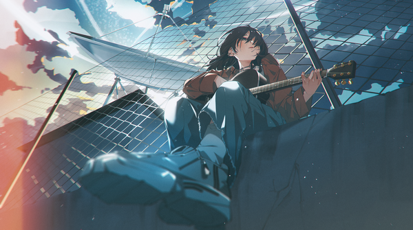 Anime picture 3335x1867 with original shiomi (lowrise) single long hair fringe highres open mouth black hair wide image sitting holding looking away sky cloud (clouds) long sleeves black eyes blurry hair over one eye from below piercing