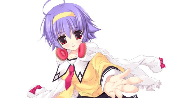 Anime picture 1280x720 with strawberry feels short hair simple background red eyes wide image white background game cg purple hair ahoge girl uniform school uniform hairband headphones