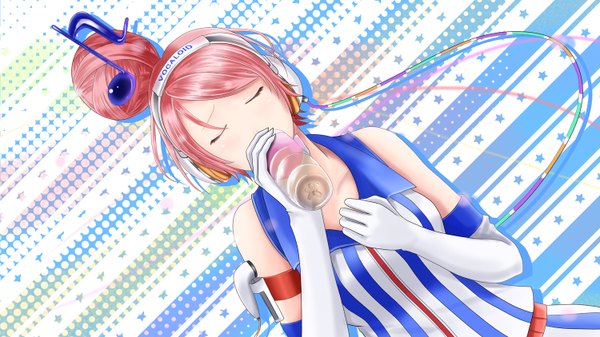 Anime picture 1500x844 with original vocaloid akikoroid-chan kentaurosu single wide image pink hair eyes closed drinking girl gloves elbow gloves headphones musical note