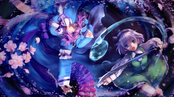 Anime picture 2000x1125 with touhou konpaku youmu saigyouji yuyuko tanada highres short hair open mouth blue eyes wide image multiple girls pink hair silver hair girl dress skirt flower (flowers) weapon 2 girls petals sword