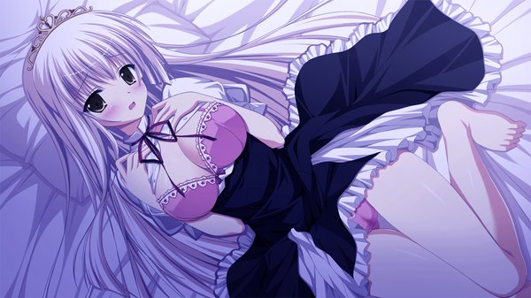 Anime picture 1280x720 with fortissimo//akkord:bsusvier (game) suzushiro nagisa ooba kagerou single long hair blush breasts open mouth light erotic wide image yellow eyes game cg white hair lying bare legs on back pantyshot embarrassed hand on chest girl