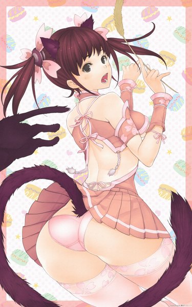 Anime picture 1200x1920 with original minazuki shinobu single tall image looking at viewer blush open mouth light erotic brown hair twintails bare shoulders animal ears ass tail animal tail looking back black eyes cat ears cat girl cat tail