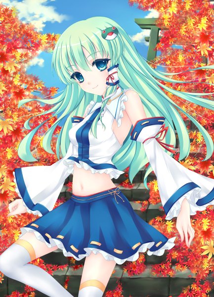 Anime picture 866x1200 with touhou kochiya sanae fred0092 single long hair tall image looking at viewer blue eyes green hair girl thighhighs skirt navel hair ornament detached sleeves white thighhighs leaf (leaves) skirt set hair tubes