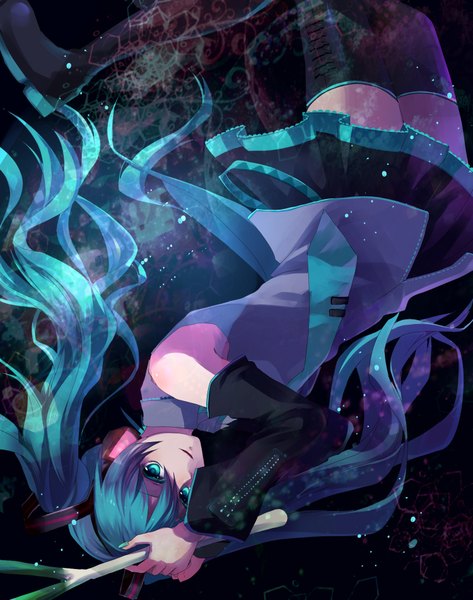 Anime picture 1500x1900 with vocaloid hatsune miku nishikawa (fe) single long hair tall image looking at viewer simple background smile twintails aqua eyes aqua hair black background girl detached sleeves necktie headphones thigh boots leek