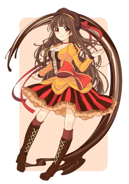 Anime picture 1000x1420 with original chiyono suke single long hair tall image looking at viewer simple background red eyes brown hair girl dress food headdress sweets chocolate