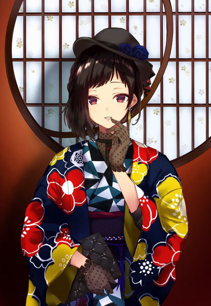 Anime picture 900x1300 with original kusaka kou single tall image looking at viewer blush fringe short hair black hair red eyes standing holding upper body traditional clothes parted lips japanese clothes wide sleeves floral print polka dot hand to mouth