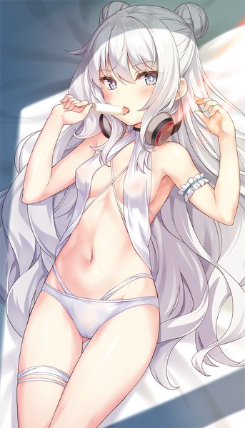 Anime picture 686x1200 with azur lane le malin (azur lane) le malin (wednesday's retreat) (azur lane) yamasan single long hair tall image looking at viewer blush fringe breasts light erotic hair between eyes bare shoulders holding white hair lying on back hair bun (hair buns) thigh gap