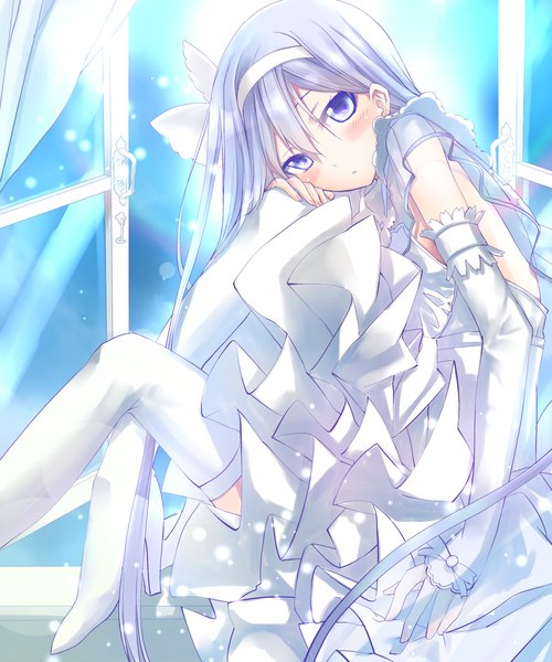 Anime picture 1000x1200 with harlem heart kyougoku touya single long hair tall image blush blue eyes sitting blue hair girl thighhighs dress gloves white thighhighs elbow gloves window hairband