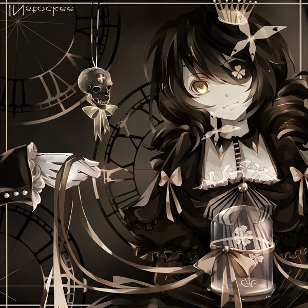 Anime picture 1000x999 with original instockee single looking at viewer smile brown hair twintails yellow eyes drill hair black background goth-loli gothic girl dress gloves flower (flowers) bow ribbon (ribbons) animal bird (birds)