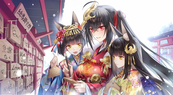 Anime picture 1500x823 with azur lane taihou (azur lane) nagato (azur lane) mutsu (azur lane) kangetsu (fhalei) long hair fringe short hair open mouth black hair hair between eyes red eyes wide image twintails multiple girls animal ears yellow eyes ahoge outdoors blunt bangs