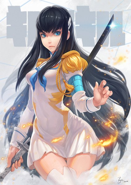 Anime picture 1060x1500 with kill la kill studio trigger kiryuuin satsuki yucong tang single long hair tall image looking at viewer blue eyes black hair standing holding signed zettai ryouiki copyright name thigh gap shaded face smoke serious frown