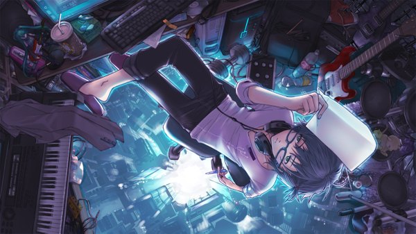 Anime picture 1200x675 with original vocaloid hatsune miku shirano (artist) single short hair wide image sitting green eyes silver hair upside down girl boy glasses headphones toy drink musical instrument wire (wires) guitar