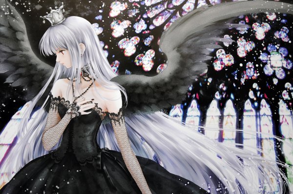 Anime picture 4288x2848 with original shiitake (gensoudou) shiitake (artist) single long hair highres red eyes absurdres silver hair gothic girl dress wings black dress crown