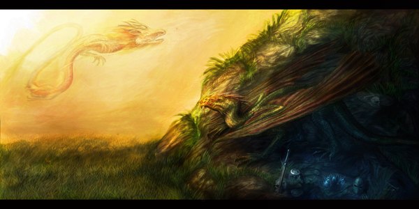 Anime picture 2200x1100 with original ormirian (artist) highres wide image flying landscape sword skull dragon drass