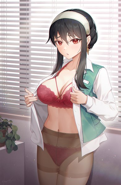 Anime picture 1500x2304 with spy x family yor briar hayate (leaf98k) single long hair tall image looking at viewer blush fringe breasts open mouth light erotic black hair hair between eyes red eyes large breasts standing cleavage indoors long sleeves
