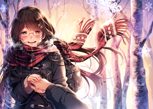 Anime picture 2040x1450 with original kat (bu-kunn) long hair looking at viewer blush highres open mouth black hair brown eyes holding hands exhalation pov girl plant (plants) tree (trees) glasses jacket scarf school bag snowflake (snowflakes)