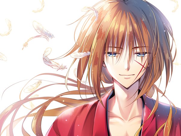 Anime picture 2000x1500 with rurouni kenshin himura kenshin youta single long hair looking at viewer fringe highres blue eyes simple background hair between eyes brown hair white background payot upper body light smile floating hair scar low ponytail boy