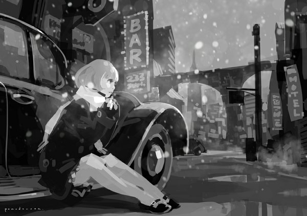 Anime picture 1080x760 with original pomodorosa single short hair sitting looking away sky profile grey hair grey background city monochrome snowing winter snow exhalation steam girl skirt gloves
