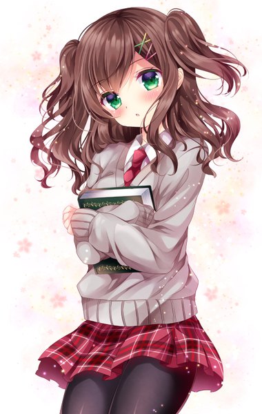 Anime picture 540x852 with original nogi takayoshi single long hair tall image looking at viewer blush fringe open mouth simple background brown hair holding green eyes payot pleated skirt two side up plaid skirt girl skirt uniform