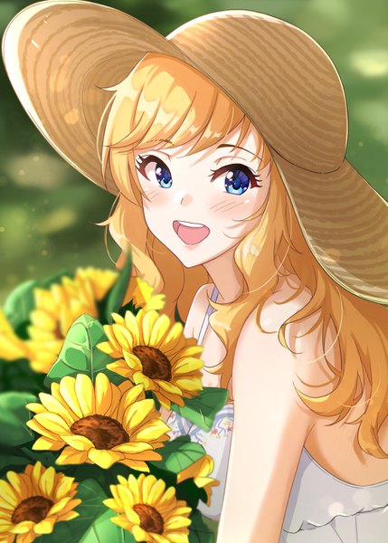 Anime picture 907x1268 with idolmaster idolmaster cinderella girls idolmaster cinderella girls starlight stage ootsuki yui namidako single long hair tall image looking at viewer blush fringe open mouth blue eyes blonde hair upper body :d sol paraiso girl flower (flowers) hat