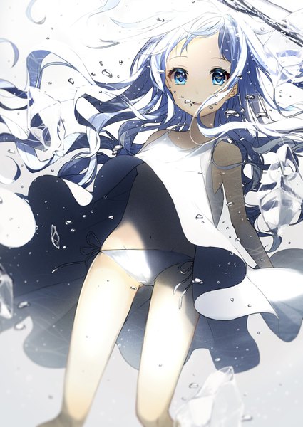 Anime picture 2507x3541 with original sogawa single long hair tall image looking at viewer highres blue eyes light erotic simple background smile white background silver hair parted lips blurry ass visible through thighs wavy hair underwater girl dress