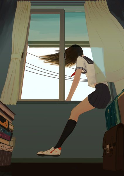 Anime picture 1100x1555 with original hieda yawe single long hair tall image brown hair sitting looking away indoors pleated skirt wind girl skirt uniform miniskirt socks serafuku shoes window book (books)