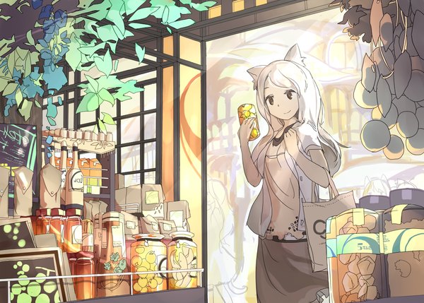 Anime picture 1118x800 with original uwa (u_w001) long hair smile holding brown eyes animal ears white hair indoors short sleeves solo focus wolf ears wolf girl girl skirt shirt food sweets leaf (leaves) bag